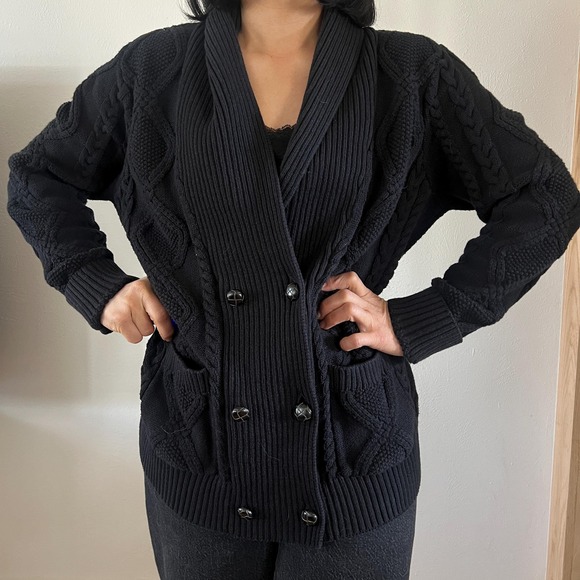 90s black grandpa sweater button down shawl collar cable knit cardigan large - Picture 10 of 13